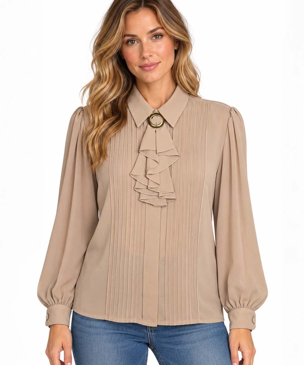 Vintage 1980s Laura and Jayne Beige Ruffle Secretary Blouse Size M/L
